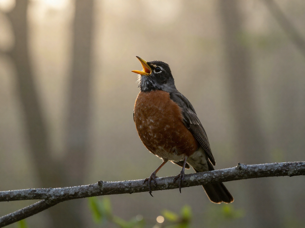 A robin singing loudly while perched on a mossy branch in a sunlit forest at dawn.