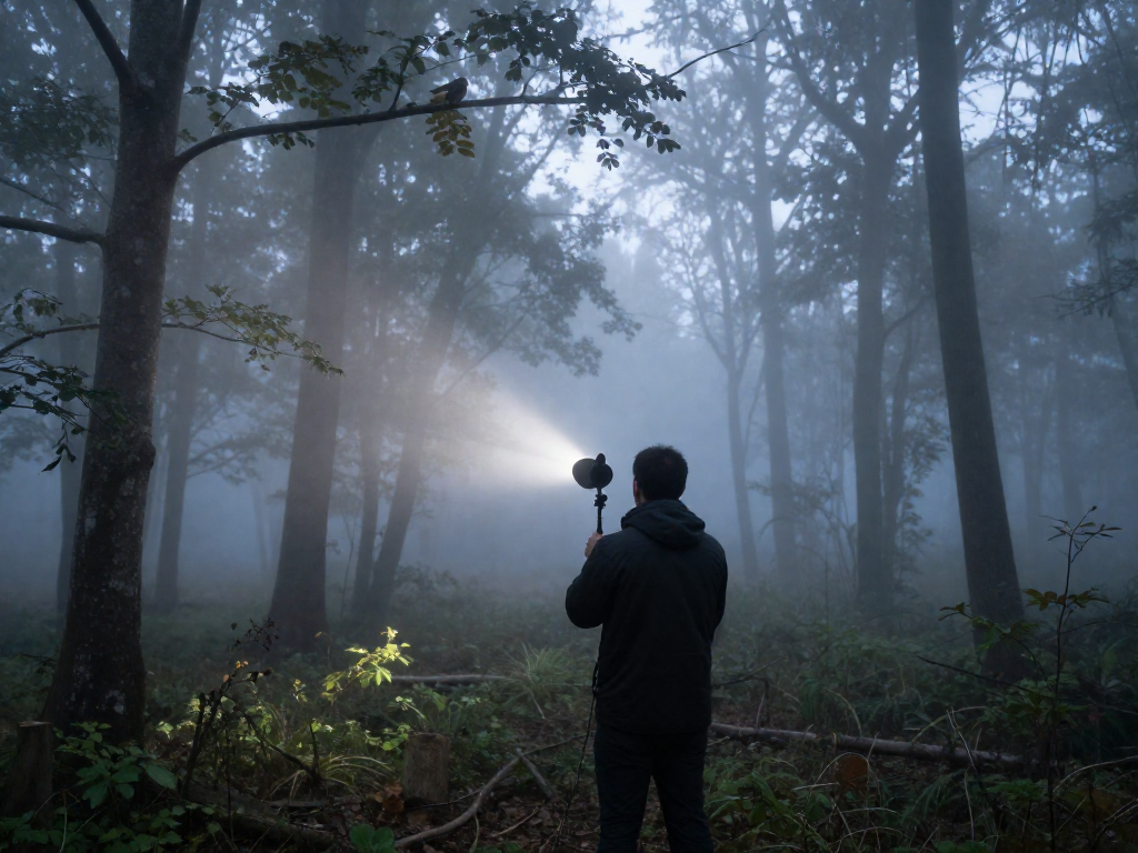 A person recording bird sounds with a parabolic microphone in a foggy forest at sunrise.