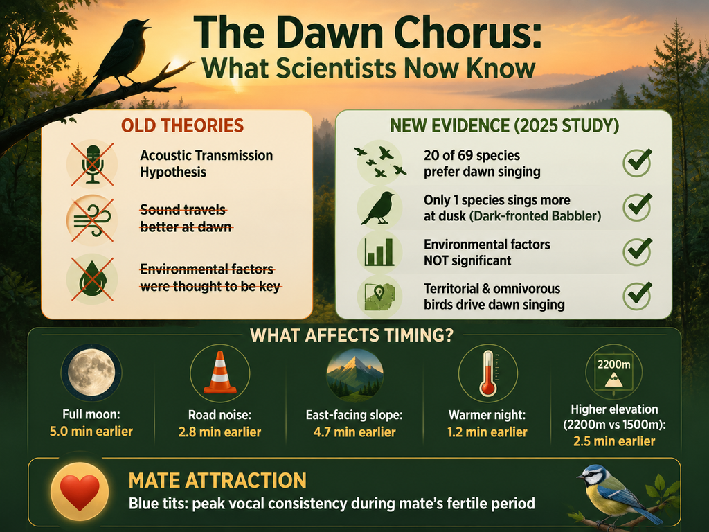 Infographic summarizing research on the dawn chorus. Old theories like the acoustic transmission hypothesis are debunked. New evidence from a 2025 study shows 20 of 69 bird species sing more at dawn, linked to territoriality and diet, not environmental cues. A timing section lists factors that shift singing earlier: full moon (5 min), road noise (2.8 min), east‑facing slopes (4.7 min), warmer nights (1.2 min), and higher elevation (2.5 min). A note on mate attraction highlights peak vocal consistency in blue tits during the female’s fertile period.