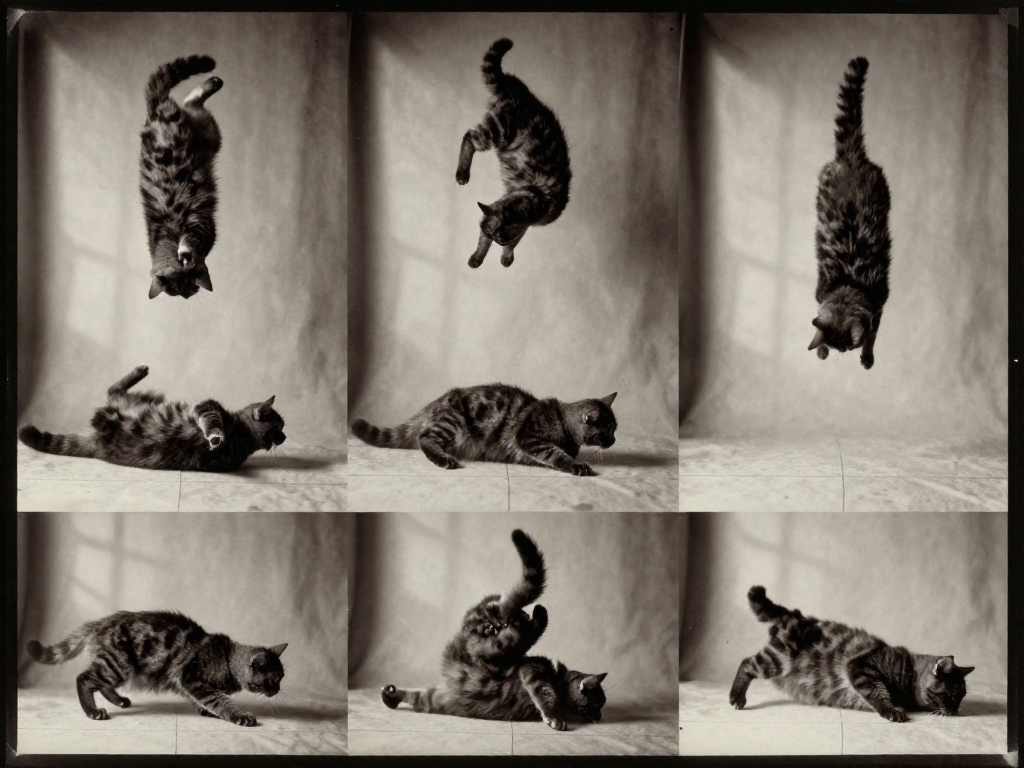 A sequence of four vintage-style black-and-white photographs showing a cat twisting in mid-air to land on its feet.