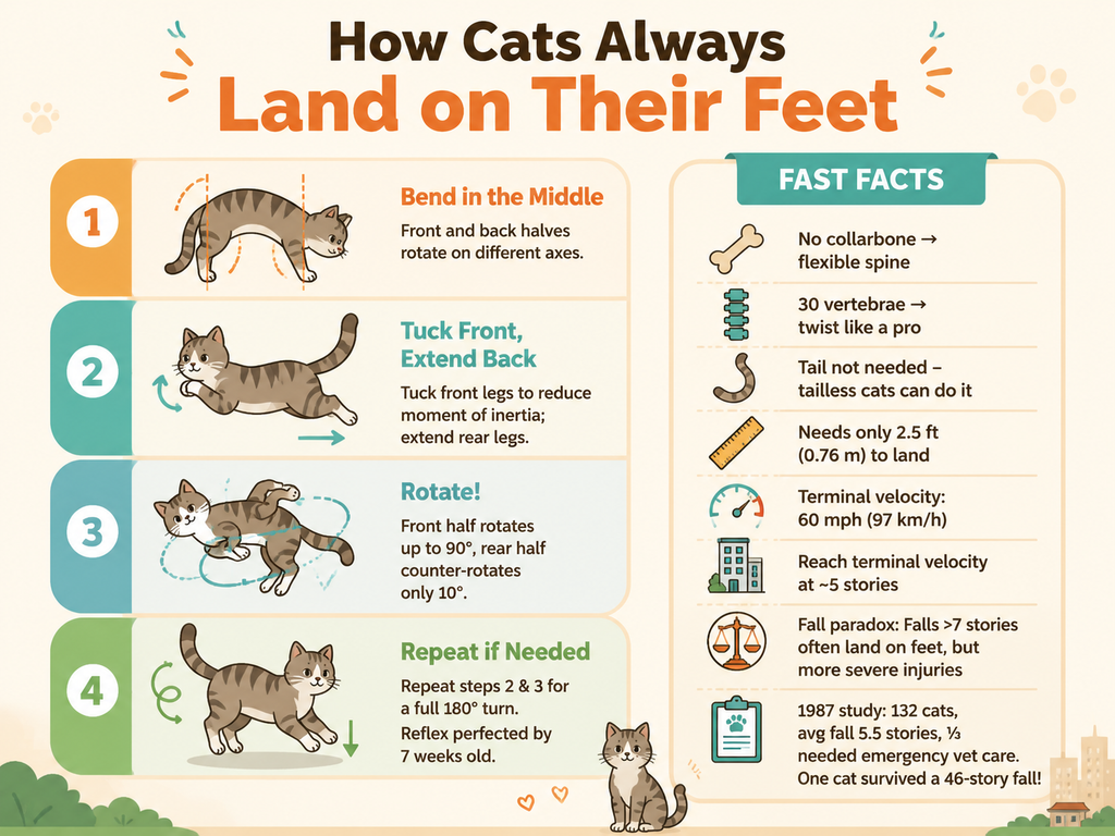 Infographic showing the four-step cat righting reflex: bend in the middle, tuck front and extend back, rotate front 90 degrees and rear 10 degrees, repeat if needed. Includes fast facts: cats have no collarbone and 30 vertebrae, the tail is not needed for the reflex, a cat needs at least 2.5 feet to land, terminal velocity is 60 mph reached at about 5 stories, and a 1987 study found cats falling from over 7 stories often land on their feet but have more severe injuries, with one cat surviving a 46-story fall.