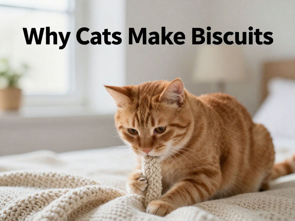 An orange tabby cat kneading a soft cream knit blanket in a bright cozy home, with space for a title overlay