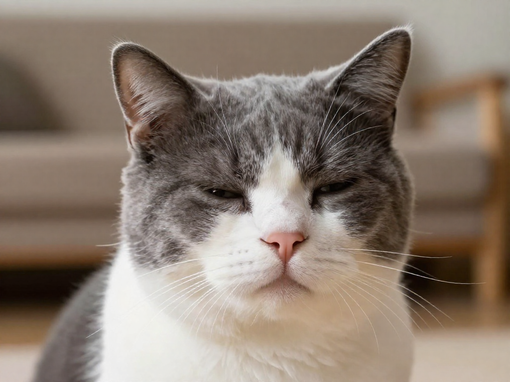 A gray and white cat slow-blinking with relaxed half-closed eyes, a sign of feline affection