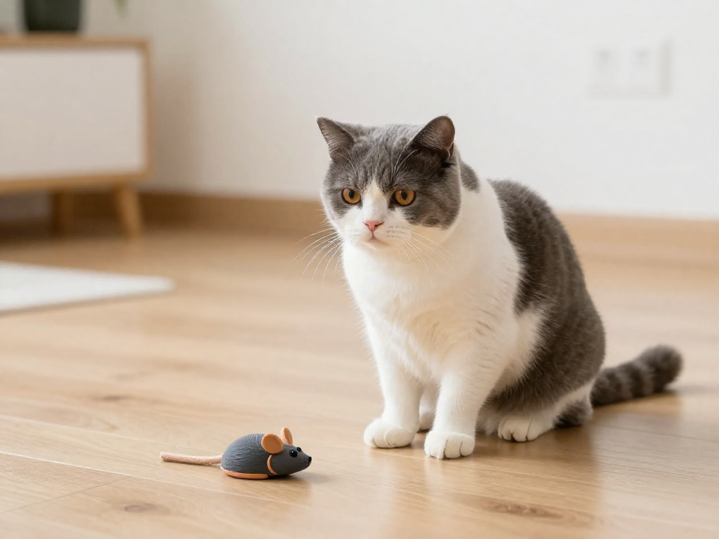 A cat sitting beside a small toy mouse it has brought as a gift on a bright wooden floor