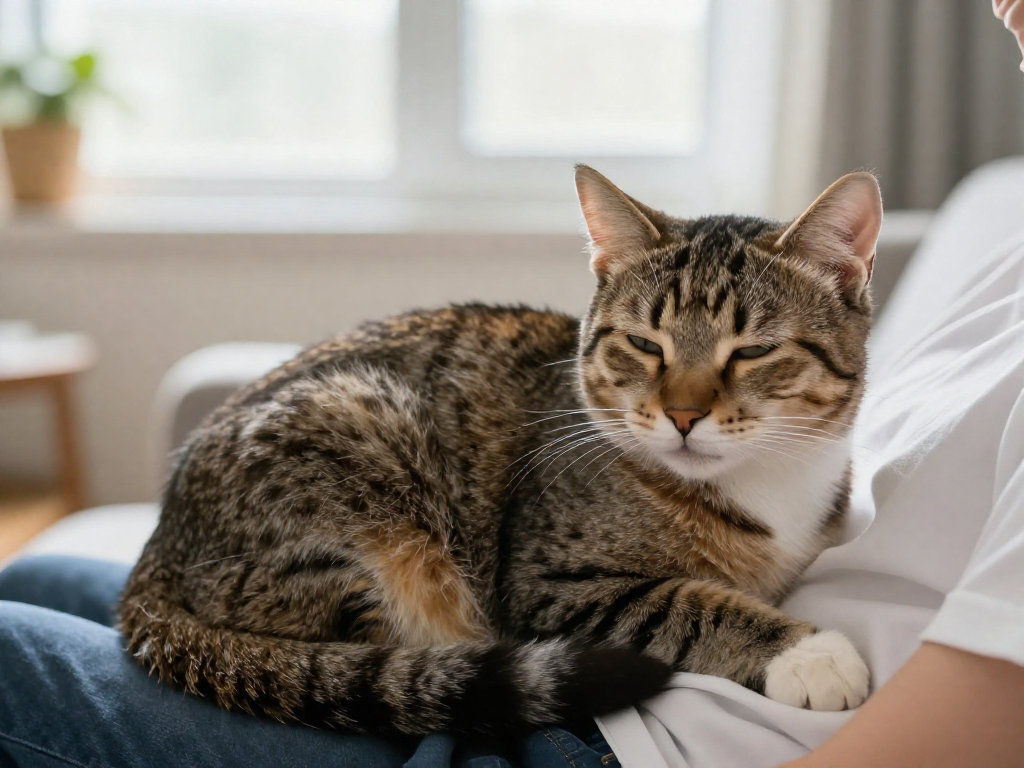 A content tabby cat curled on a child's lap with eyes half-closed in soft natural light