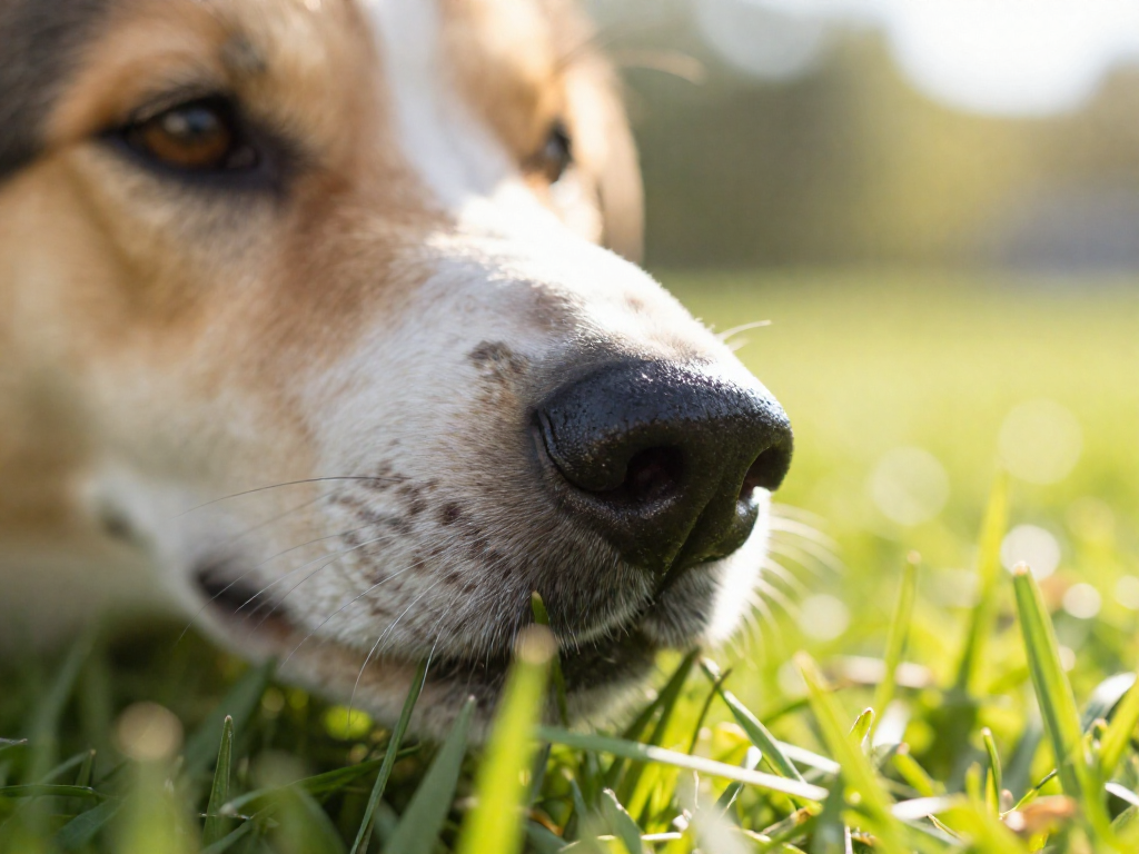 Close-up of a dog's wet nose as it sniffs the grass in a sunny park