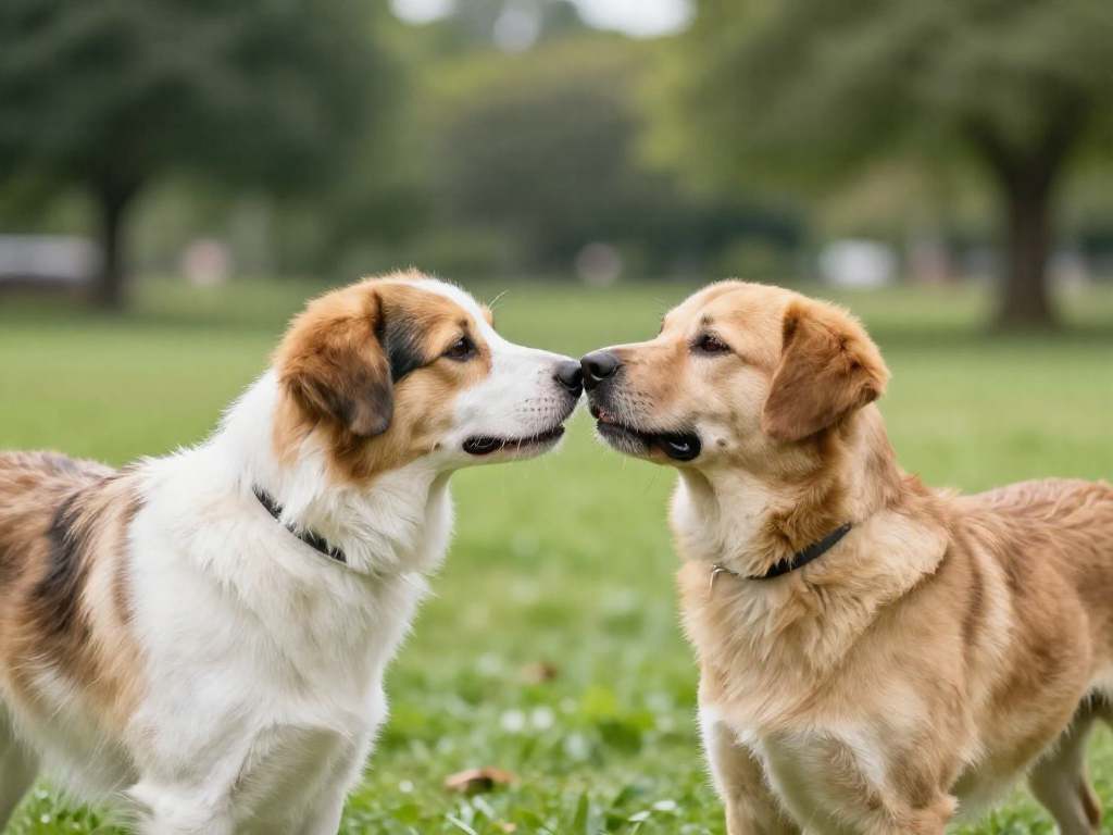 Two dogs greeting each other by sniffing in a sunny park