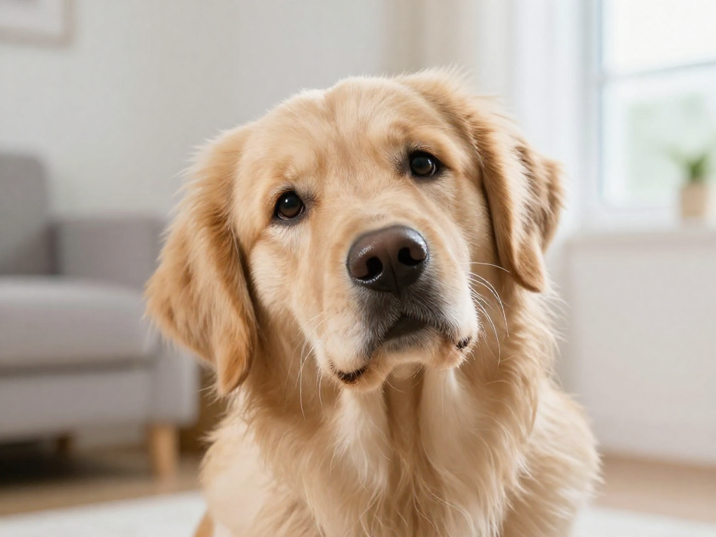 A golden retriever tilting its head to one side while looking curiously at the camera