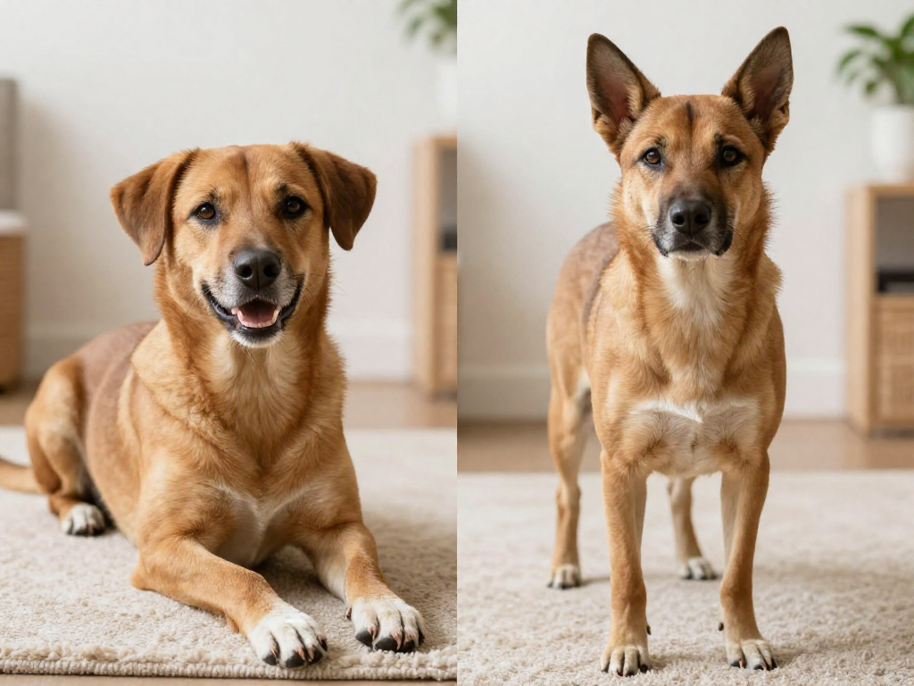Side-by-side photos of a dog showing relaxed body language versus alert body language