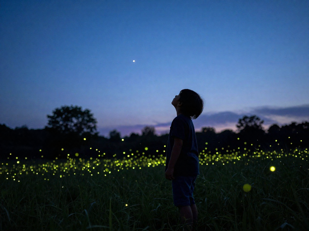 A child silhouetted in a twilight field, watching glowing fireflies float around them.