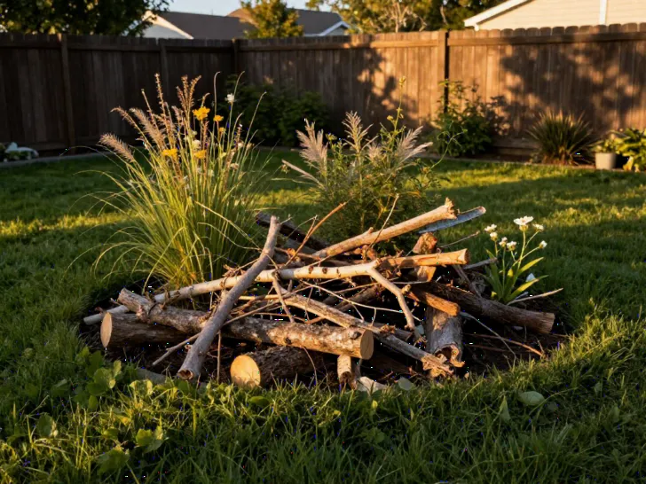 A shaded garden corner with a pile of branches and logs, native plants growing around it, creating a natural habitat for fireflies.