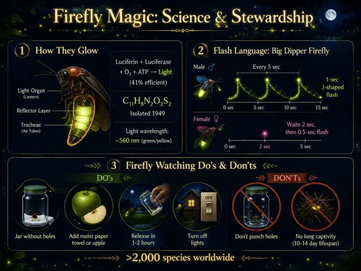 Infographic explaining firefly bioluminescence: chemical reaction (luciferin + O2 + ATP -> light, 41% efficient, 560 nm green/yellow), Big Dipper firefly flash timing (male J-shaped flash every 5 sec, female responds after 2 sec), and family-friendly tips for catching and releasing fireflies safely (no holes in jar, moist paper towel, release quickly, turn off lights).