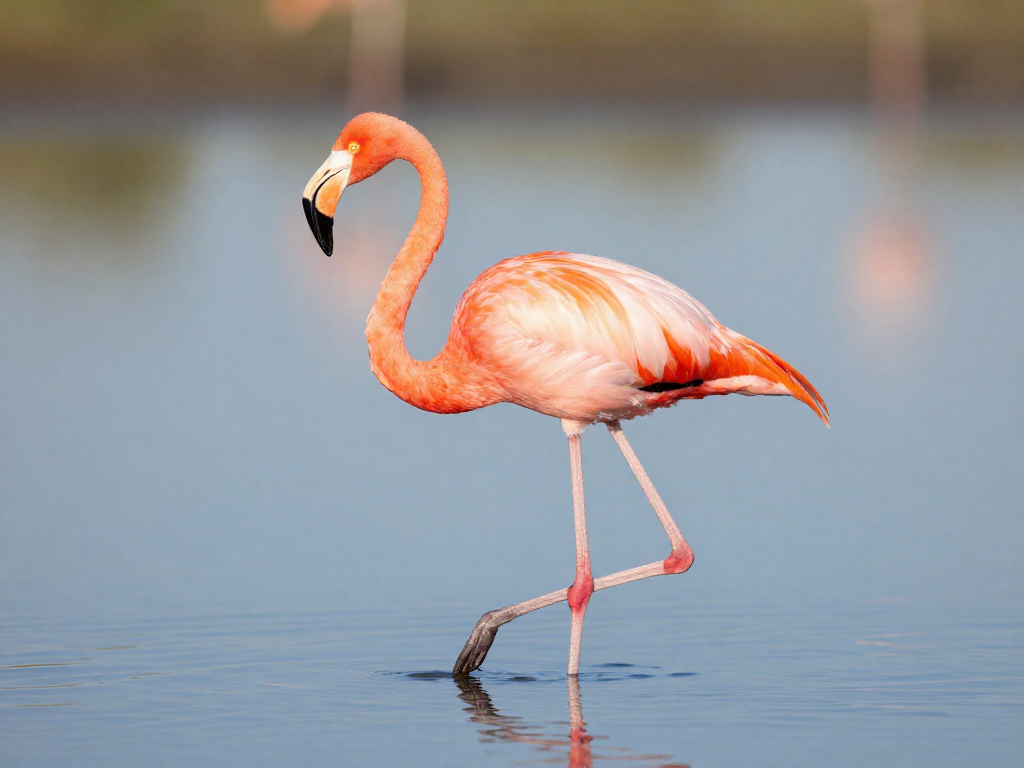 A pink flamingo standing on one leg in shallow water at golden hour with a soft reflection