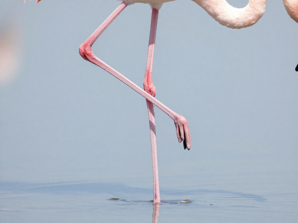 Close-up of a flamingo's leg showing the backward-bending joint that helps it balance