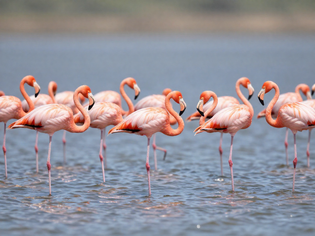 A flock of flamingos resting in shallow water, many standing on one leg