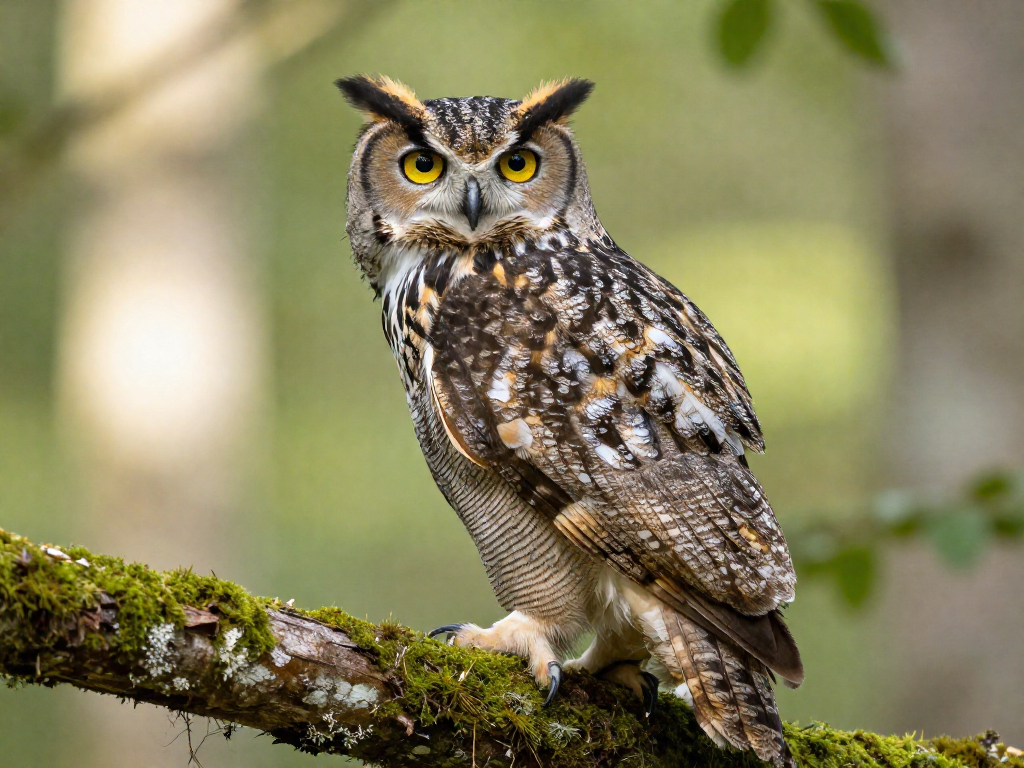 A great horned owl with its head turned far around over its shoulder, facing backward toward the viewer