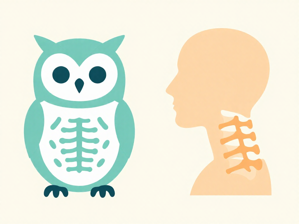 Side-by-side diagram comparing an owl's 14 neck vertebrae with a human's 7 neck vertebrae