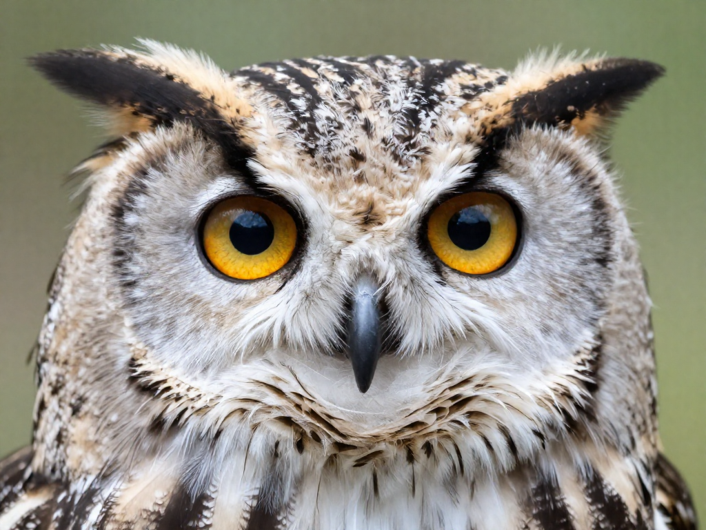 Extreme close-up of an owl's large forward-facing amber eyes and feathered facial disc