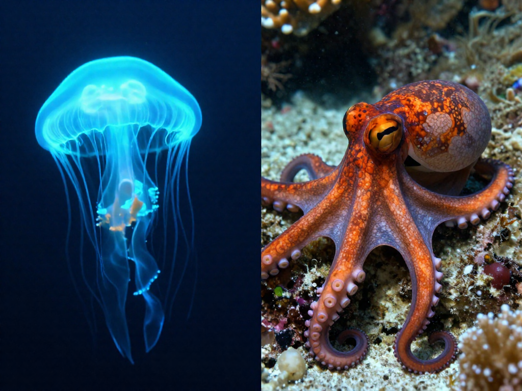 Split-screen showing a glowing blue jellyfish on the left and a color-changing octopus on the right