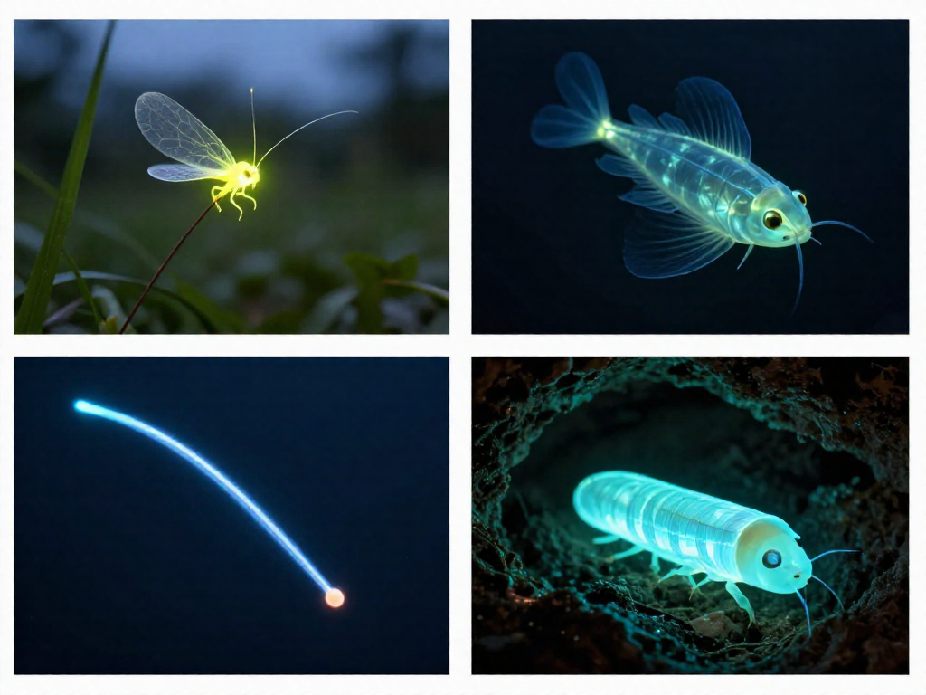 Photo collage of a glowing firefly, an anglerfish lure, and a glowworm