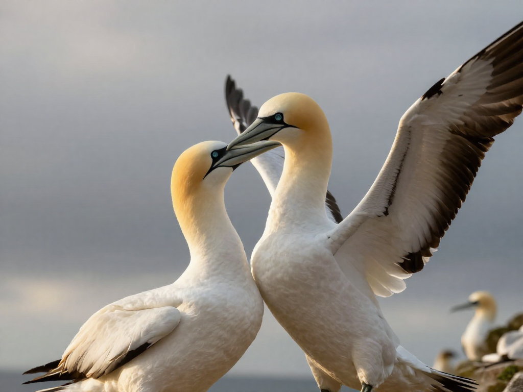 Two albatrosses touching beaks in a courtship dance on a coastal cliff at sunset.