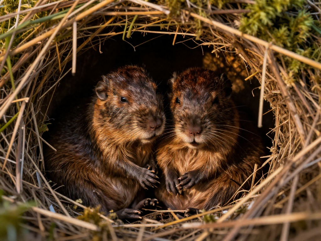 Two prairie voles huddled together in a nest of dry grass.