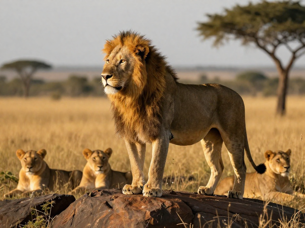 Male lion with a large mane standing on a rock outcrop with lionesses and cubs in the savanna.