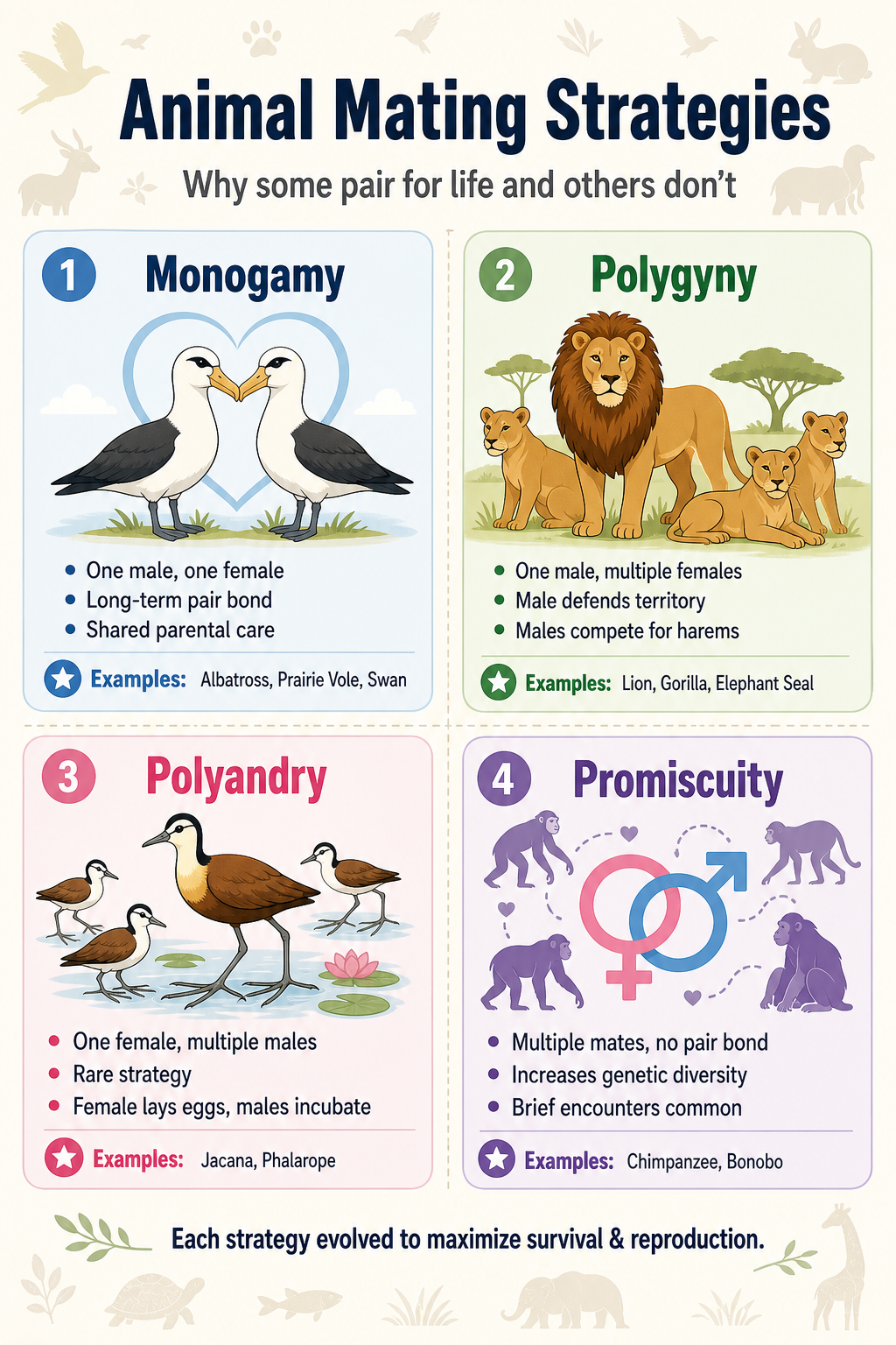 Infographic comparing four animal mating strategies: monogamy (albatrosses), polygyny (lions), polyandry (jacanas), and promiscuity (chimpanzees). Each card includes an icon, key descriptions, and real animal examples, explaining the survival logic behind different pair bonds.