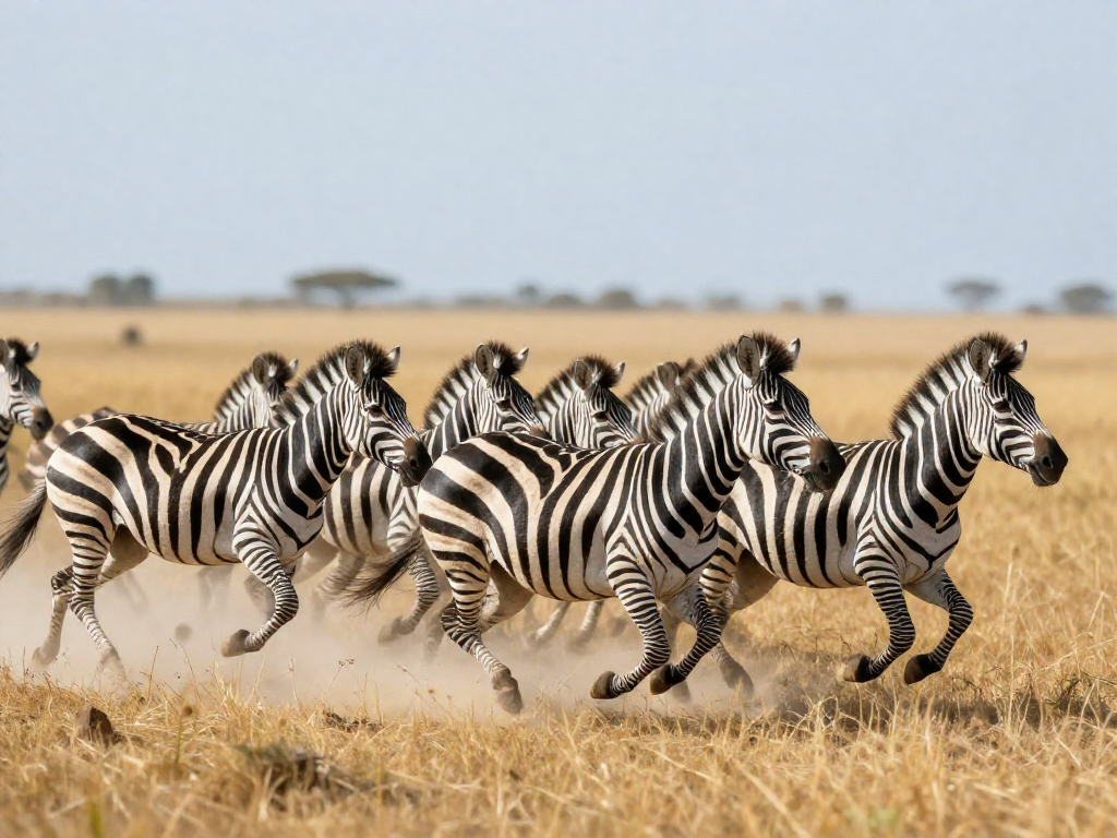 A herd of zebras running together, their stripes blending into a confusing dazzle pattern