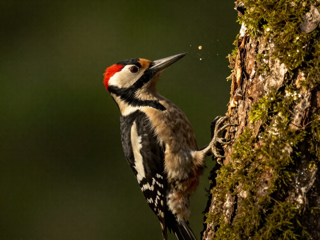 Woodpecker hammering against a tree trunk with bark fragments frozen mid-air.