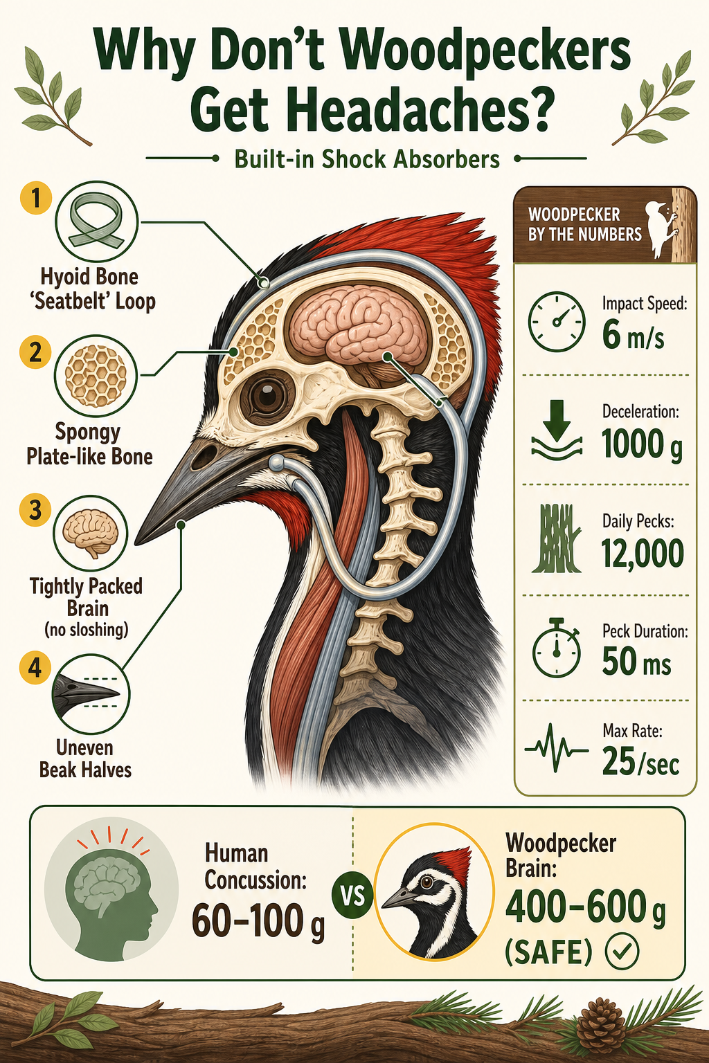 Infographic diagram of a woodpecker's head showing anatomical adaptations that prevent brain injury during pecking. Features include the hyoid bone looping around the skull, spongy bone plates in forehead and back, small brain tightly packed in skull, and uneven beak halves. Stats: beak hits at 6-7 m/s, deceleration over 1000 g, 12,000 pecks/day. Comparison: woodpecker brain experiences 400-600 g, human concussion threshold 60-100 g.