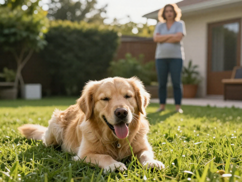 A golden retriever happily chewing grass in a sunny yard, while a concerned woman watches from the patio.