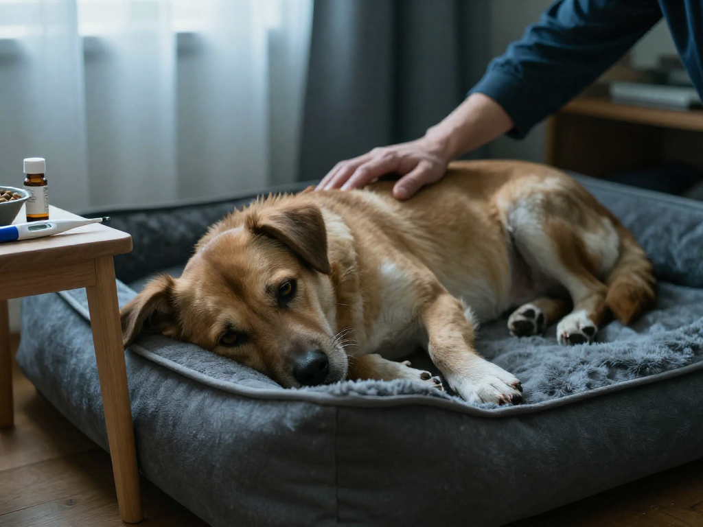 A lethargic dog resting on a bed with a concerned owner's hand comforting it, with medical items on a nearby table.