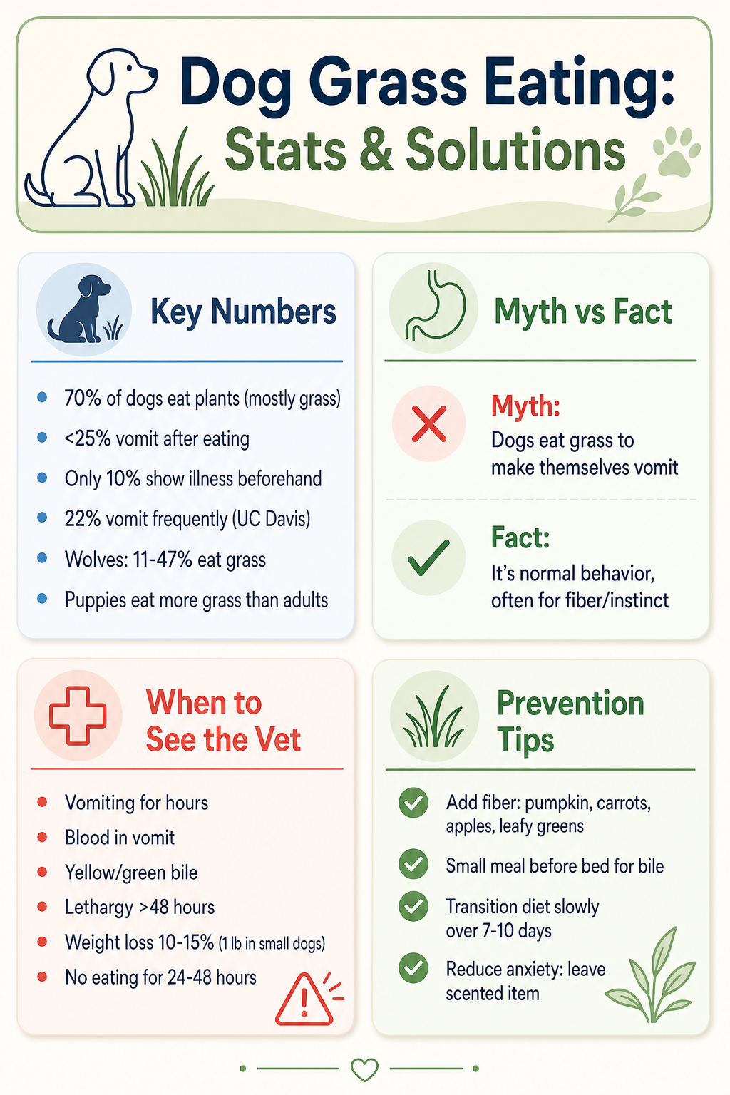 Infographic titled 'Dog Grass Eating: Stats & Solutions' summarizing key statistics and advice. Key numbers: 70% of dogs eat plants, less than 25% vomit after, only 10% show illness before, 22% vomit frequently per UC Davis study, 11-47% of wolves eat grass, and puppies eat more grass. Myth vs fact: dogs don't typically eat grass to vomit on purpose; it's normal. When to see vet: vomiting for hours, blood, bile, lethargy over 48 hours, 10-15% weight loss, or not eating for 24-48 hours. Prevention tips: add fiber (pumpkin, carrots, apples, leafy greens), small bedtime meal, gradual diet transition over 7-10 days, and leave scented item for anxiety.