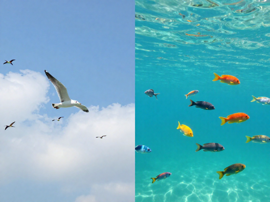 A split scene showing birds flying in a blue sky on the left and colorful fish swimming in turquoise ocean water on the right