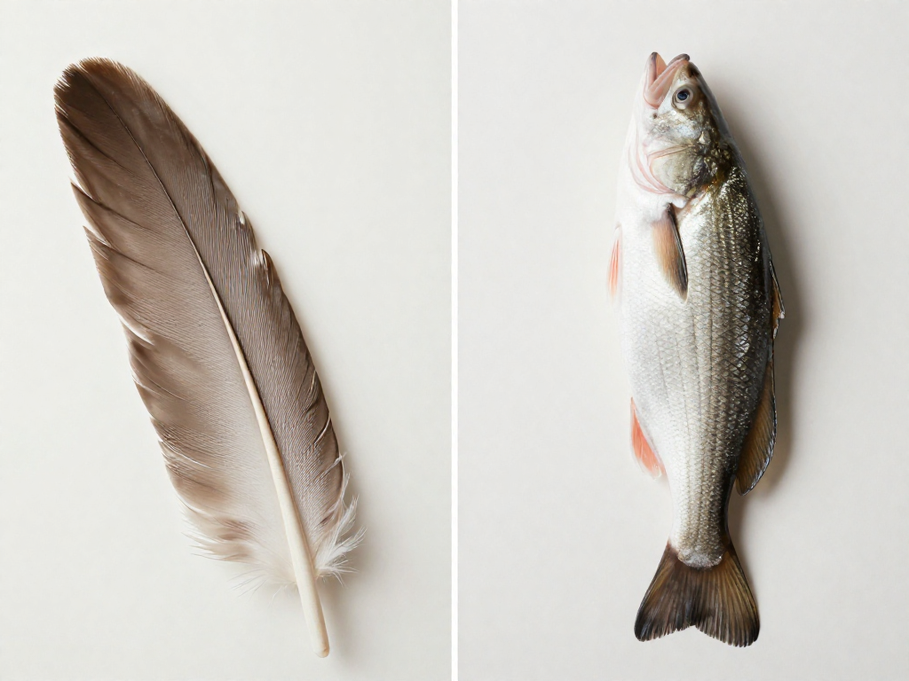 A bird's outstretched feathered wing shown beside a fish with spread fins on a neutral background