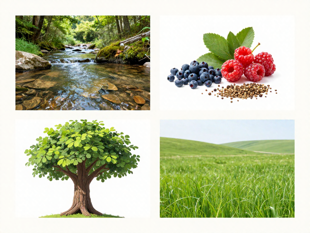 A four-part grid showing a stream, natural food, a sheltering tree hollow, and open green space as habitat essentials