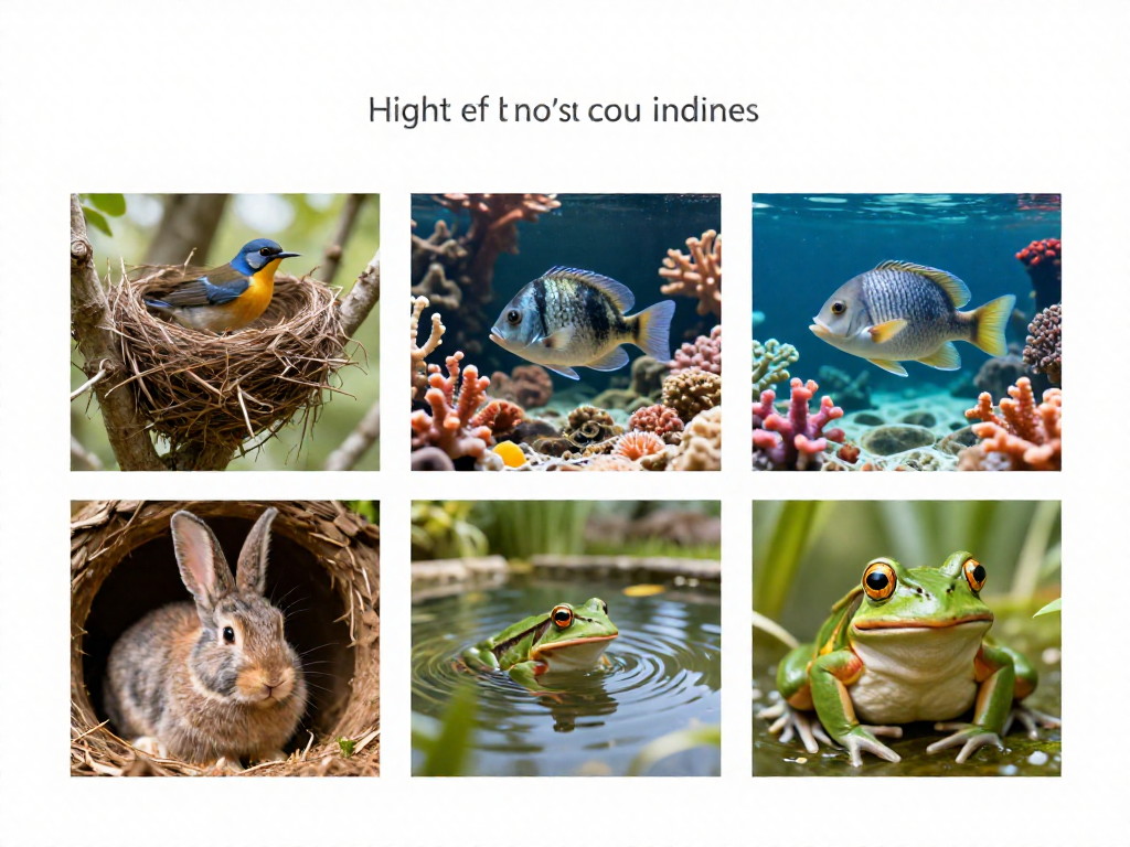 A vertical collage matching a bird to a nest, a fish to coral, a rabbit to a burrow, and a frog to a pond